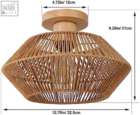 Lynpon bohemian natural-toned rattan ceiling light with woven octagonal design and wooden mount for living spaces