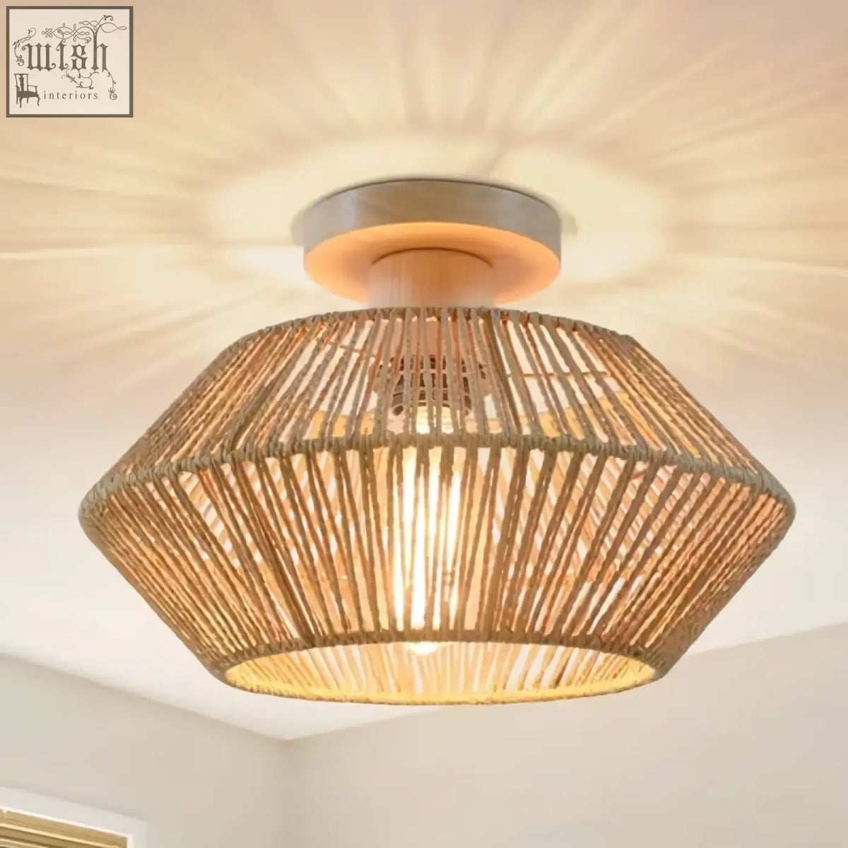 Lynpon bohemian rattan ceiling light with warm honey finish and metallic base perfect for living room or bedroom