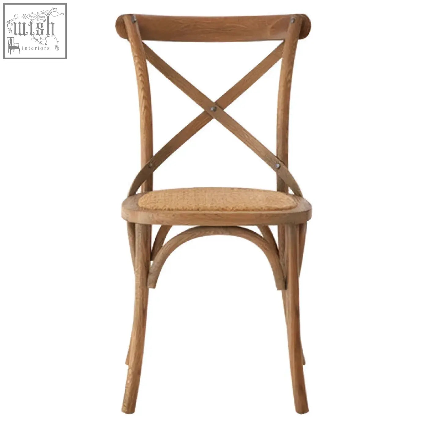 A classic lyon grey oak wood cane chair with an x-shaped backrest and a natural cane chair weave seat