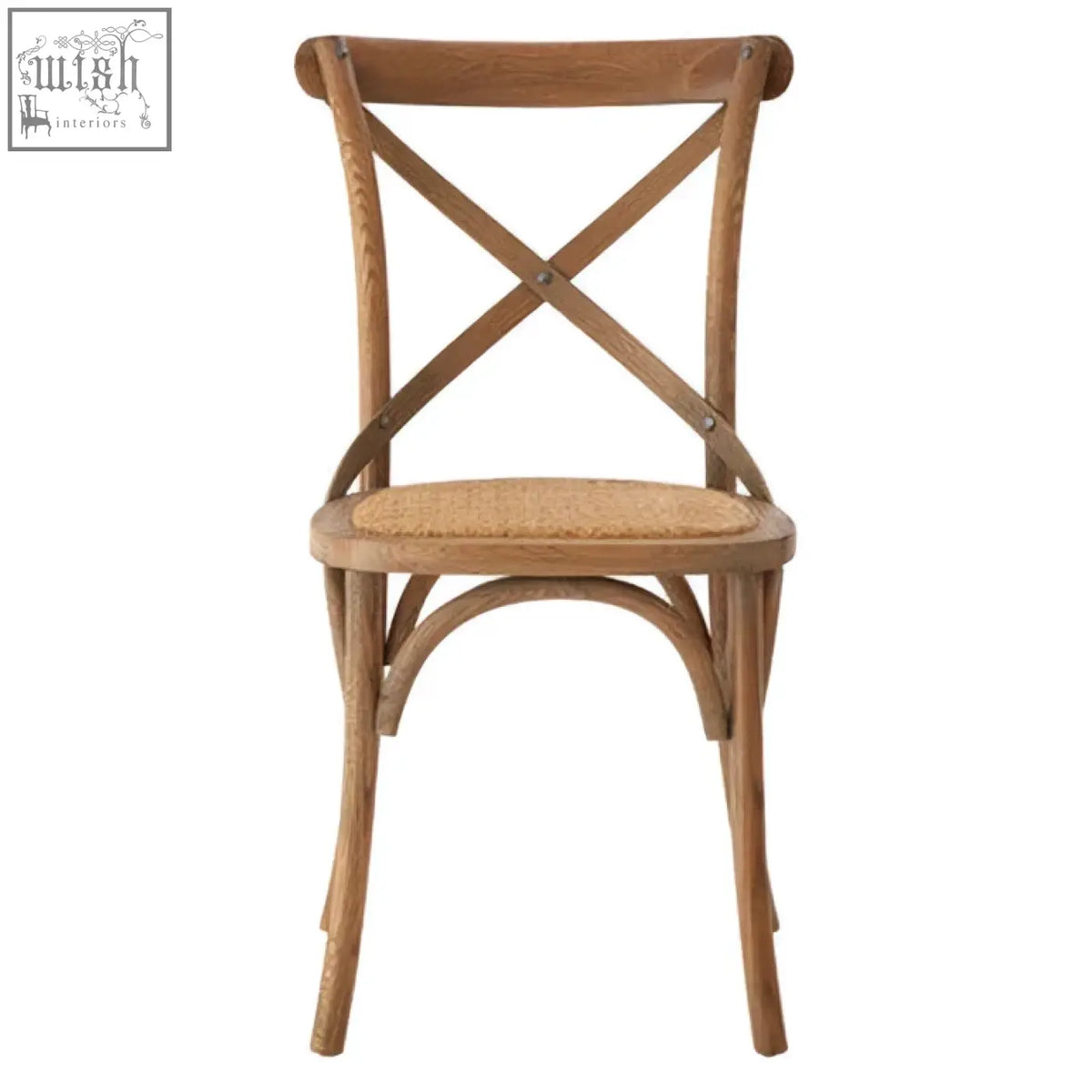 A classic lyon grey oak wood cane chair with an x-shaped backrest and a natural cane chair weave seat