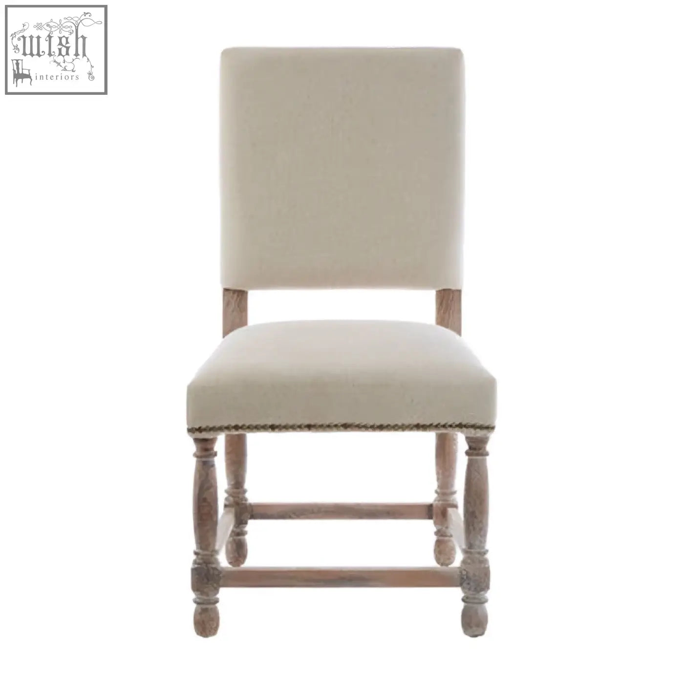 Beige linen dining chair with turned wooden legs and oak wood whitewash wood whitewash finish