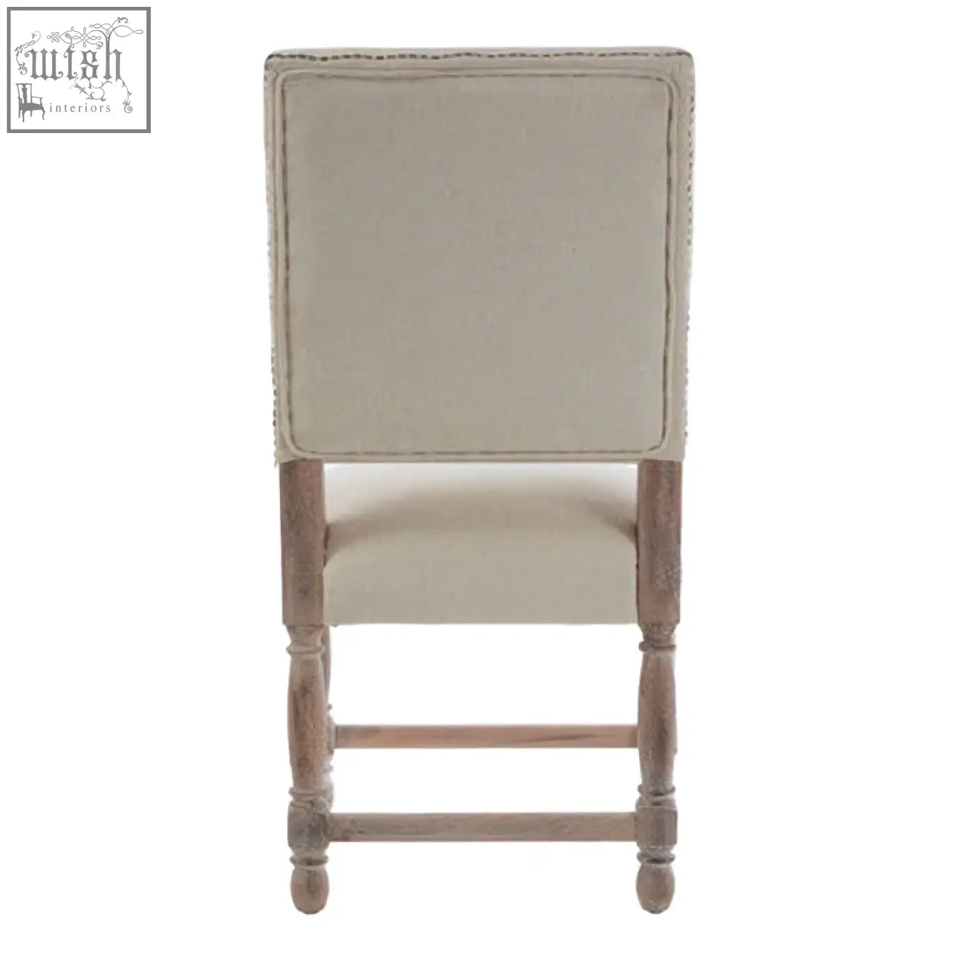 Beige linen dining chair with tufted backrest and oak wood whitewash finish wooden legs