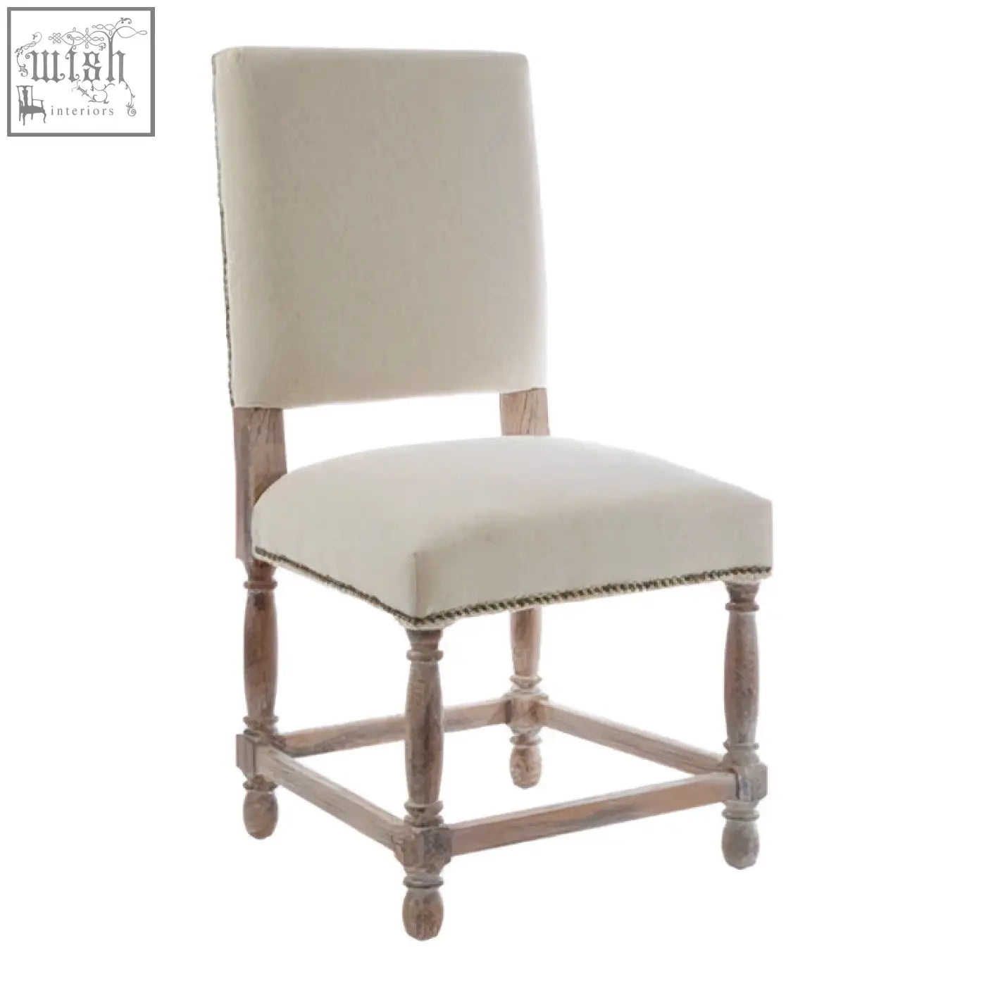 Beige linen dining chair with oak wood whitewash finish and subtle distressed look on wooden legs