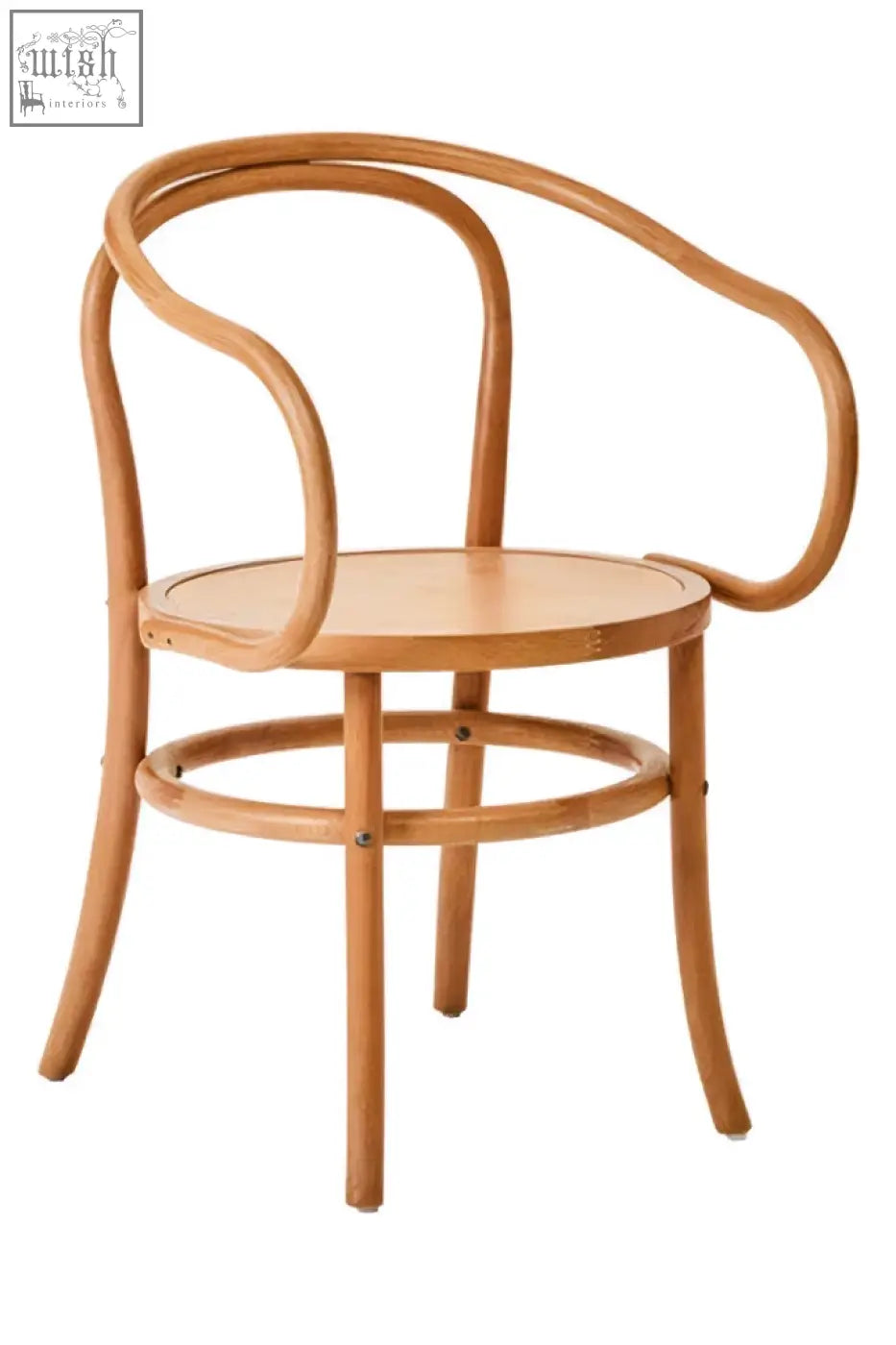 Light-colored natural beech wood dining chair with curved bentwood frame and circular seat for kitchen or dining room