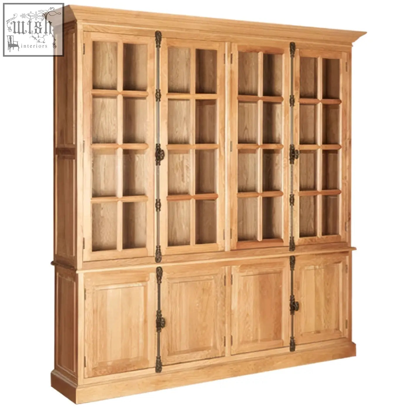 Light oak wood large cabinet with glass-paneled upper doors and dark metal hardware in natural oak wood finish