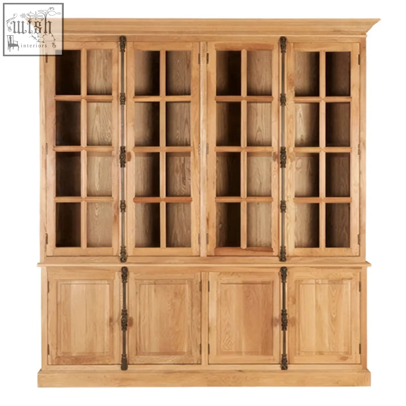 Lyon natural oak wood large cabinet with light oak wood, glass-paneled doors, solid lower cabinets, and dark metal hardware