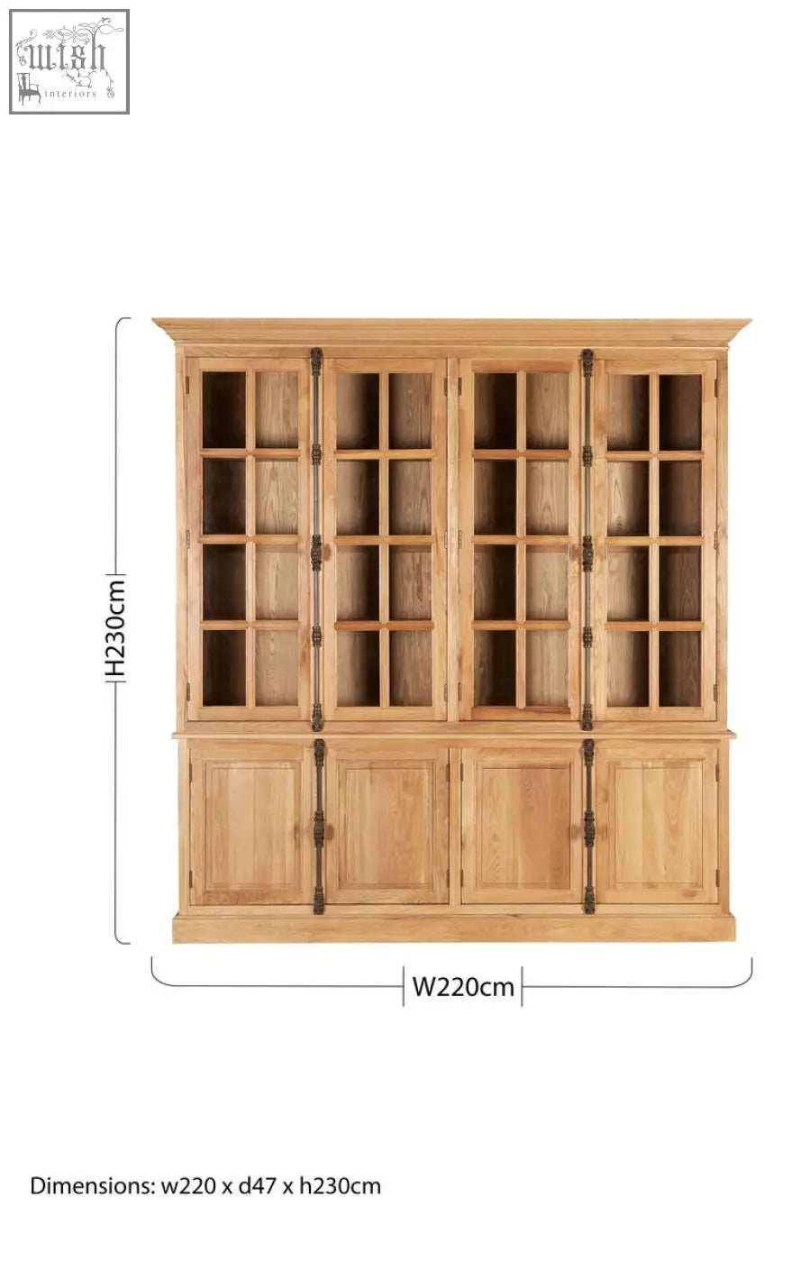 Natural oak wood large cabinet with light oak bookcase, glass-paneled upper doors, solid lower cabinets, dark metal hardware