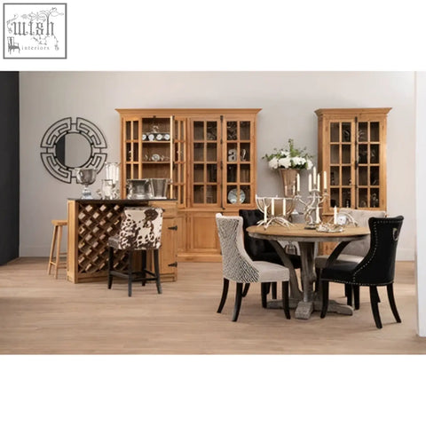 Light oak wooden dining set with natural oak wood large cabinet and glass-paneled doors with black gray white chairs