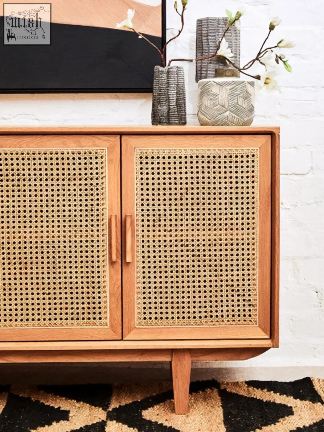 Lyon rattan and oak wood door sideboard with light wood frame and cane woven geometric lattice doors
