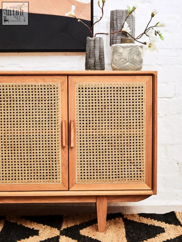 Lyon rattan and oak wood door sideboard with light wood frame and cane woven geometric lattice doors
