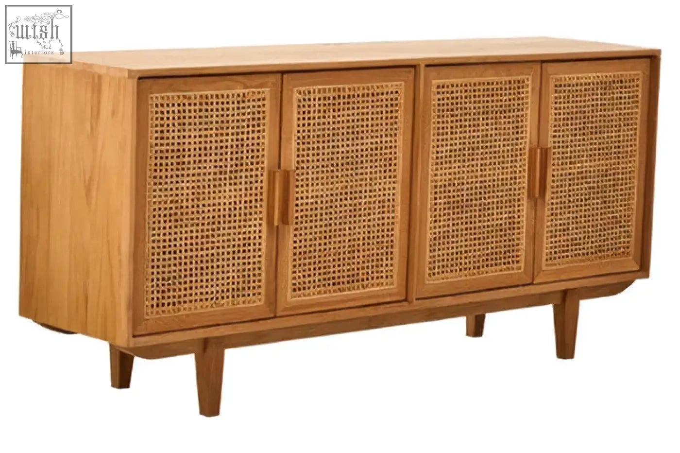 Light brown lyon rattan and oak wood door sideboard with four cane-paneled doors and tapered legs