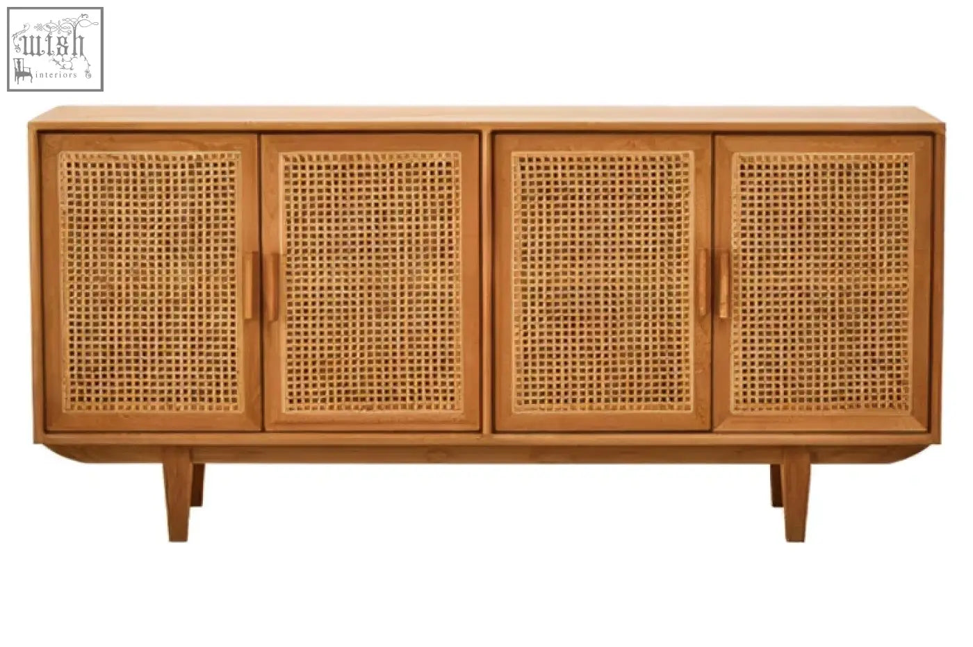 This light brown lyon rattan and oak wood door sideboard features four cane-paneled doors and tapered legs
