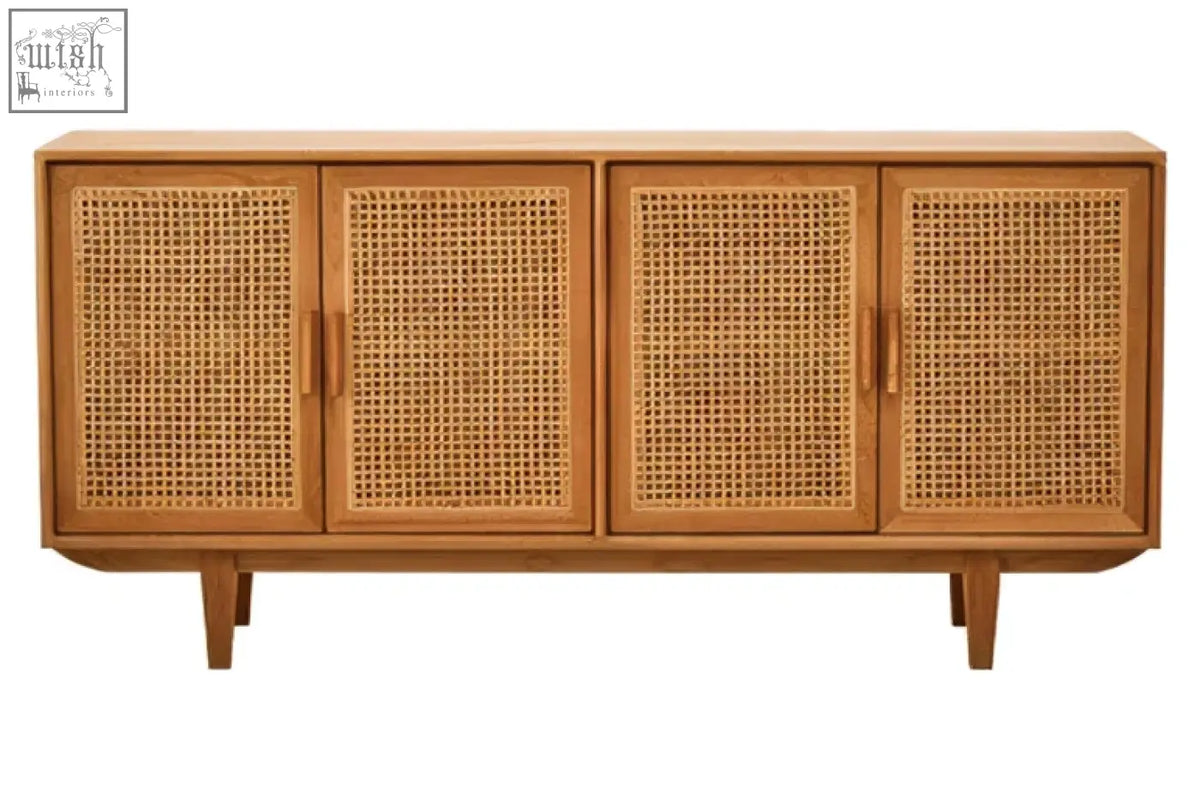 This light brown lyon rattan and oak wood door sideboard features four cane-paneled doors and tapered legs