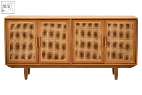 This light brown lyon rattan and oak wood door sideboard features four cane-paneled doors and tapered legs