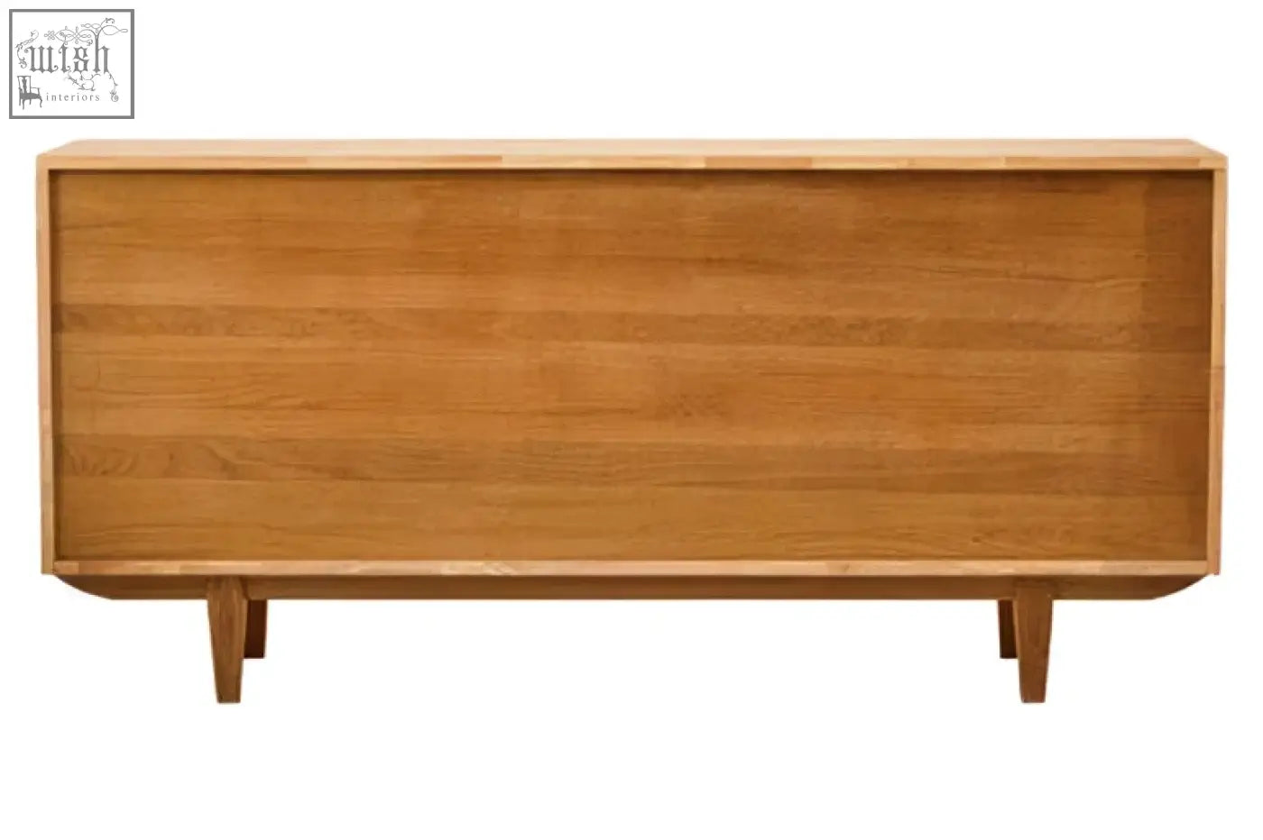 Light brown lyon rattan and oak wood door sideboard with a smooth minimalist design and four slender legs