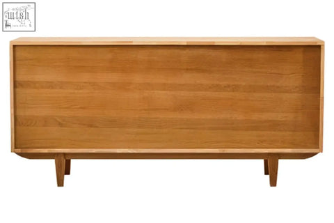 Light brown lyon rattan and oak wood door sideboard with a smooth minimalist design and four slender legs