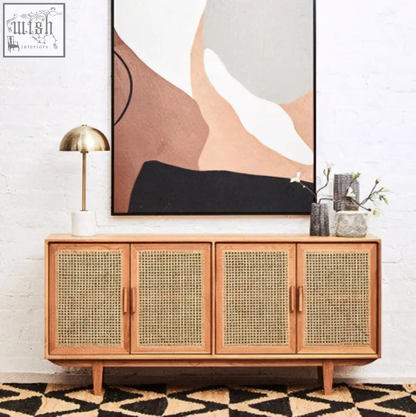Light wood lyon rattan and oak wood door sideboard with woven cane doors and brass handles in natural finish