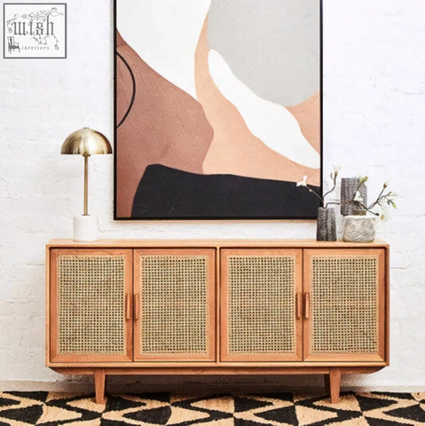 Light wood lyon rattan and oak wood door sideboard with woven cane doors and brass handles in natural finish