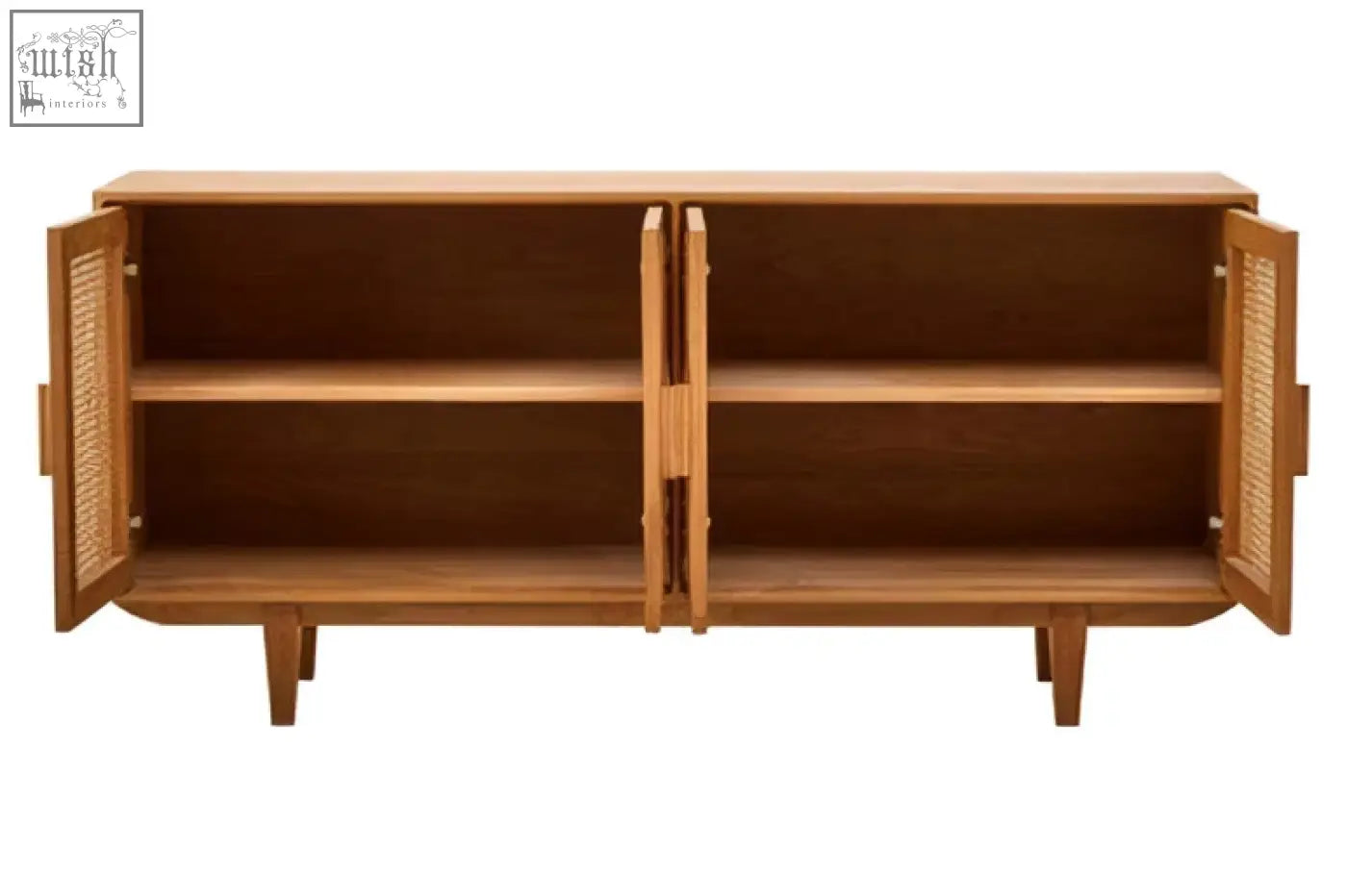 Mid-century modern lyon rattan and oak wood door sideboard with two open doors showing light brown wooden shelves