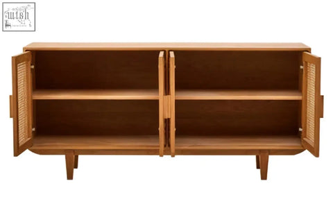 Mid-century modern lyon rattan and oak wood door sideboard with two open doors showing light brown wooden shelves