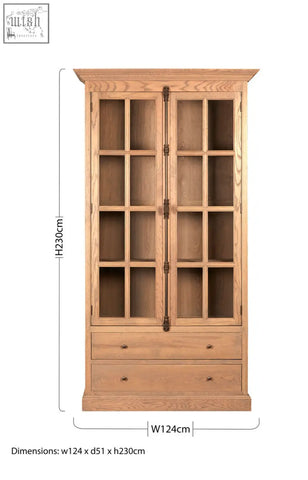 Light oak wood tall cabinet with glass-paneled doors and drawers in washed grey finish oak wood design