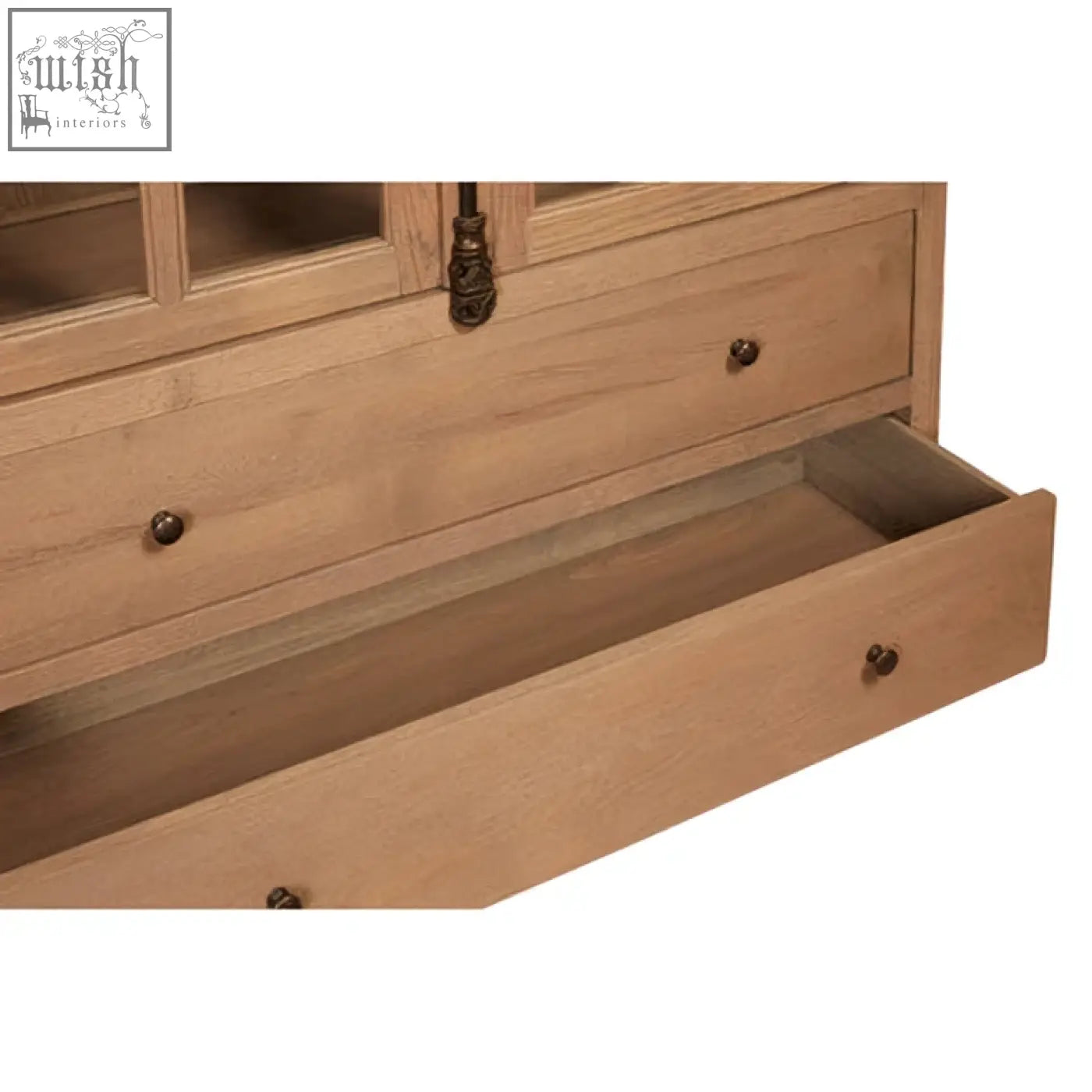 Lyon tall cabinet in washed grey finish oak wood with glass-paneled doors and dark bronze hardware