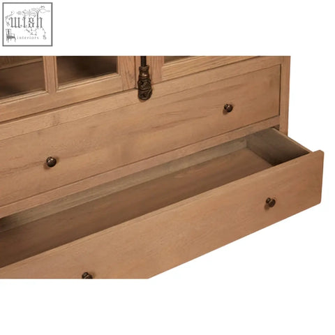 Lyon tall cabinet in washed grey finish oak wood with glass-paneled doors and dark bronze hardware
