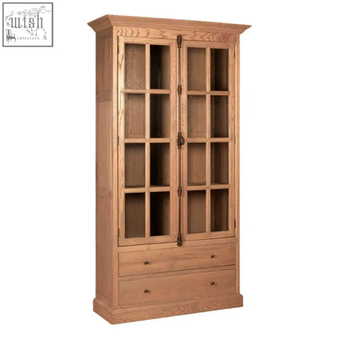Light oak wooden bookcase with glass doors and drawers in washed grey finish oak wood tall cabinet style