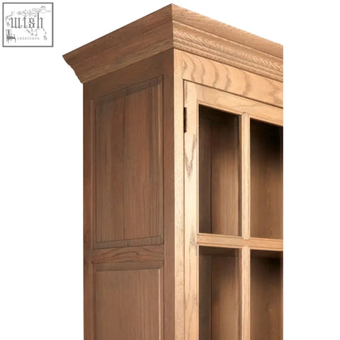 Light oak wooden bookcase with glass-paneled door and raised panel design in washed grey finish oak wood tall cabinet