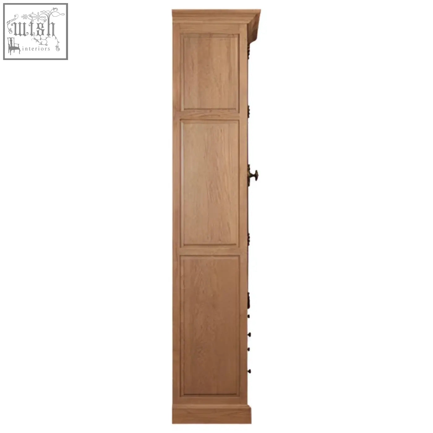 Light oak wooden wardrobe with three panel doors and dark metal handles in washed grey finish oak wood tall cabinet