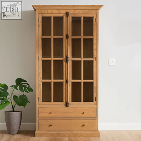 Light oak wooden bookcase with glass doors and drawers in washed grey finish oak wood tall cabinet style