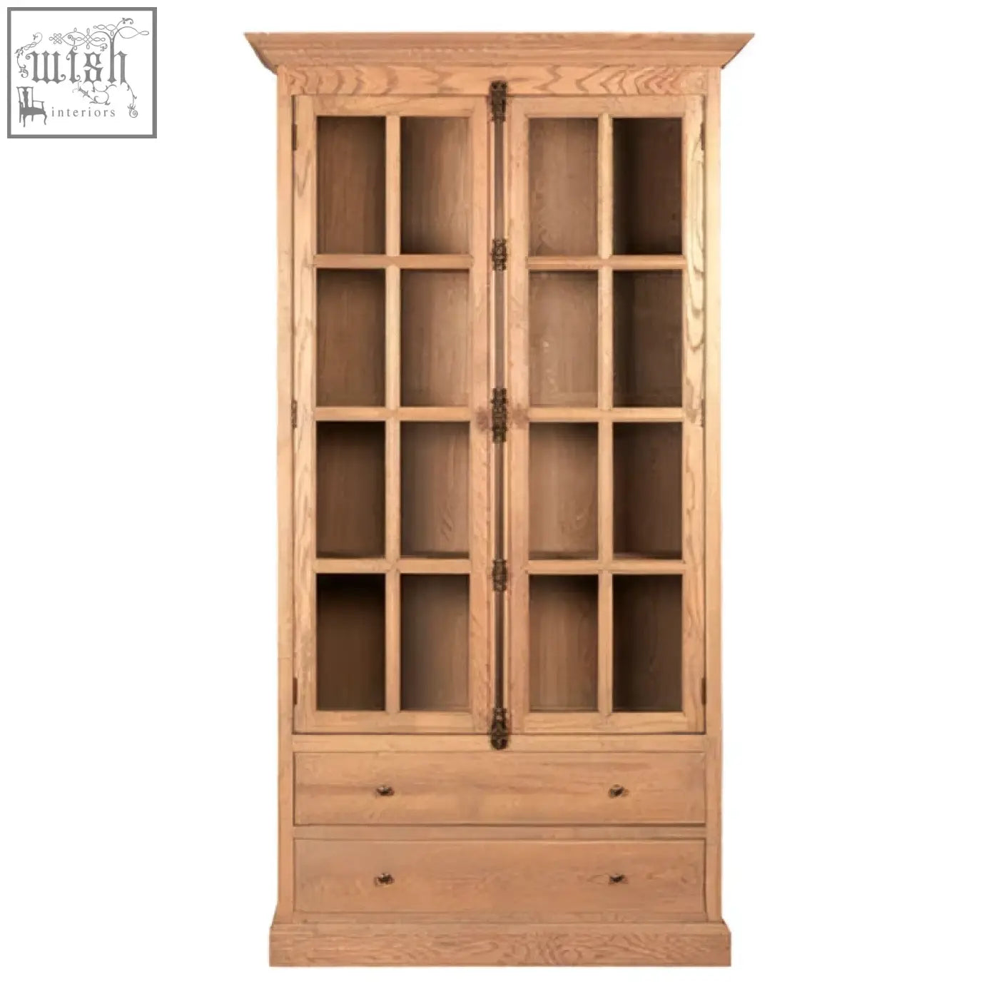 Tall cabinet in washed grey finish oak wood with glass doors and three bottom drawers for stylish storage