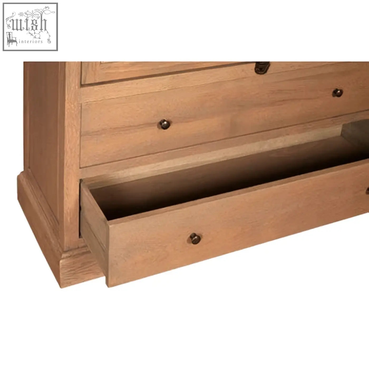 Light oak wooden dresser with washed grey finish oak wood and dark bronze round knobs with one drawer open