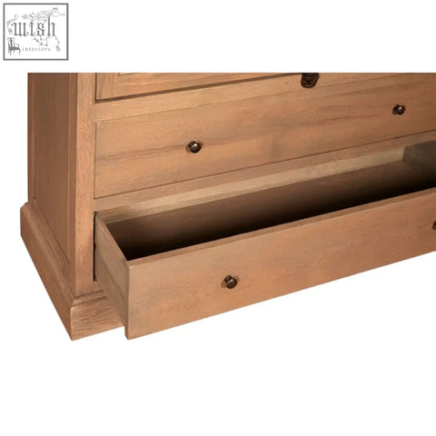 Light oak wooden dresser with washed grey finish oak wood and dark bronze round knobs with one drawer open