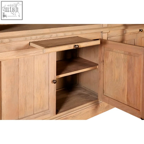 Light oak wooden cabinet with pull-out shelf and simple round knobs in washed grey oak wood large bookcase style