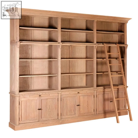 Light oak wood large bookcase with ladder in washed grey oak featuring multiple shelves and lower cabinets