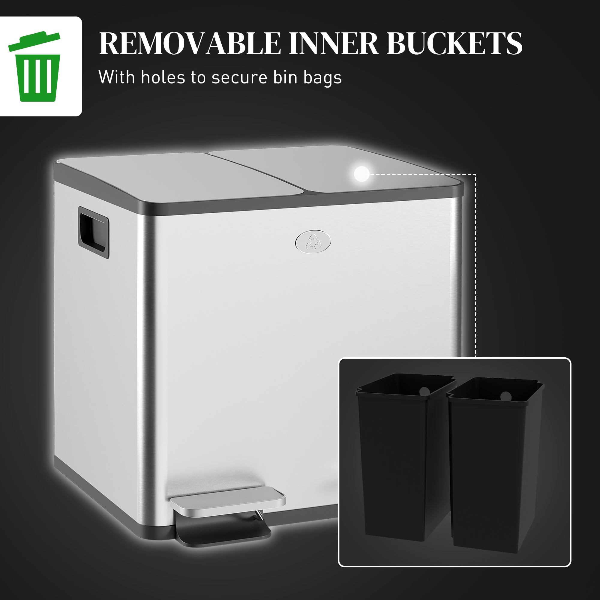 HOMCOM 30L Dual Compartment Stainless Steel Bin, with Deodoriser Holders - Silver Tone