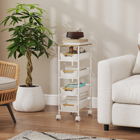 HOMCOM 5-Tier Storage Trolley on Wheels - White