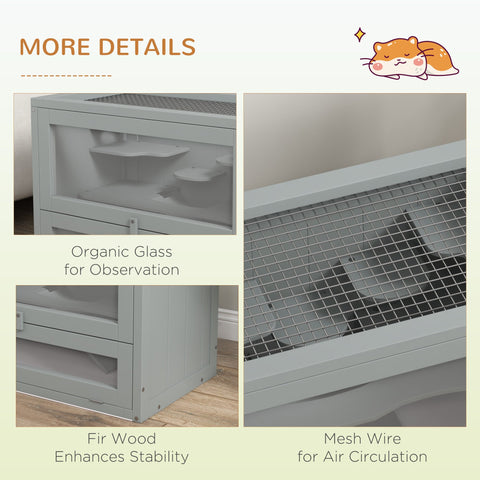 PawHut Wooden Hamster Cage Mouse Mice Rodent Small Animals Hutch Exercise Play House 60 x 35 x 42cm, Grey