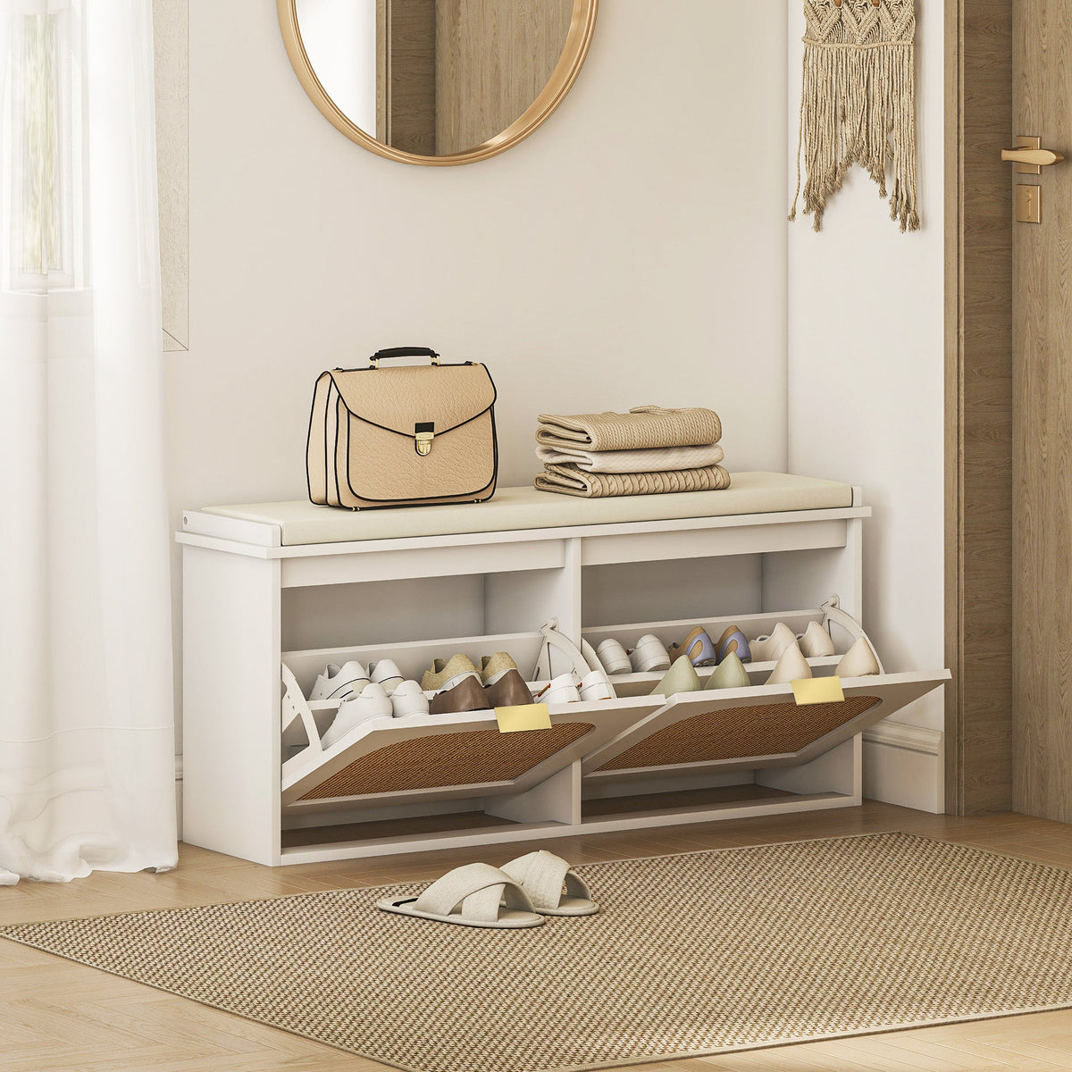 HOMCOM Boho Shoe Bench with Padded Seat and 2 Flip-Drawers - White