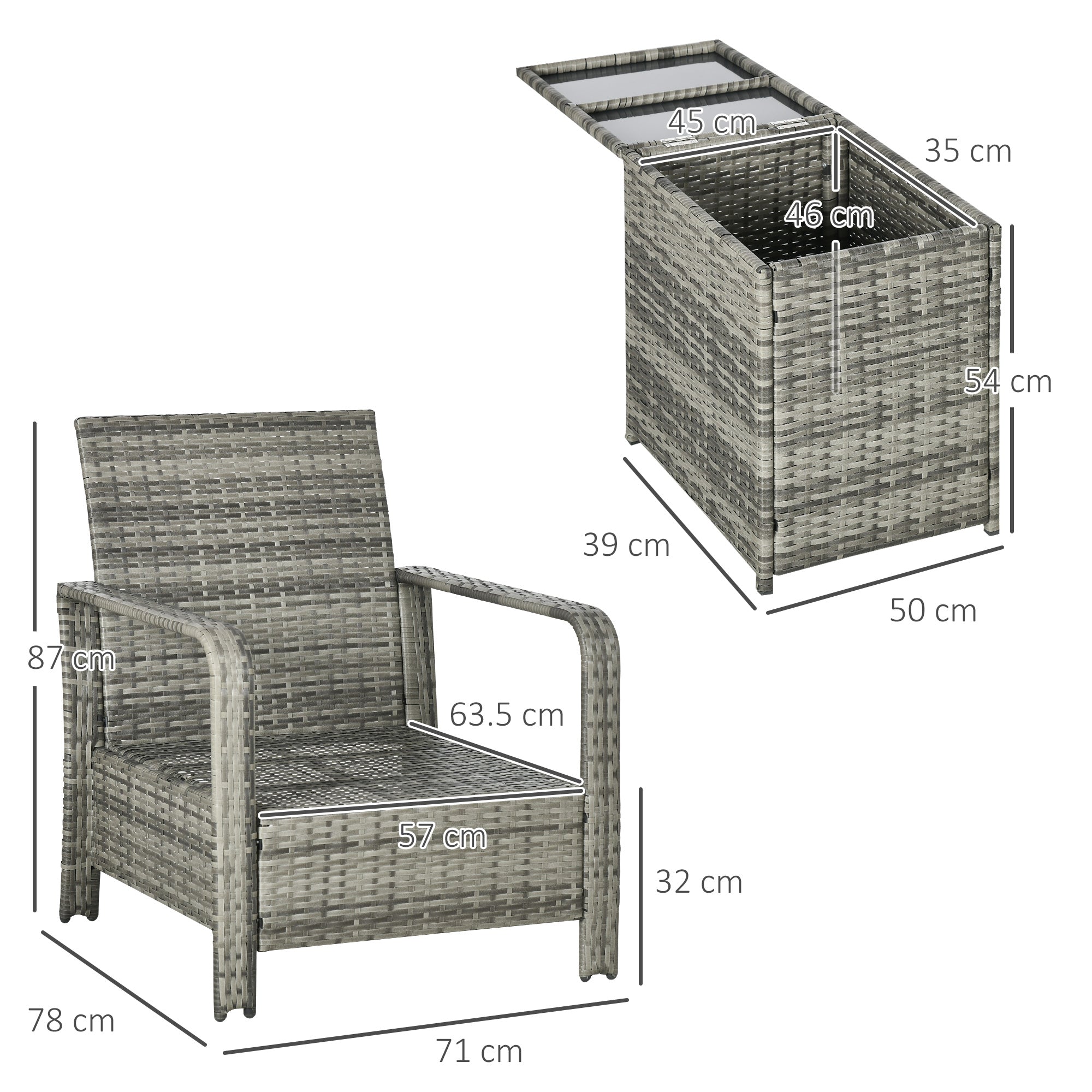 Outsunny 3 Pieces Rattan Bistro Set, Wicker Garden Furniture Set with Storage  Coffee Table and Chairs, Thickened Cushions for Outdoor, Patio, Balcony, Blue