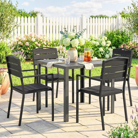 Outsunny Stackable Garden Chairs Set of 4, Garden Dining Chairs with Slatted HDPE Seat Back, Armrests, Metal Frame, Black