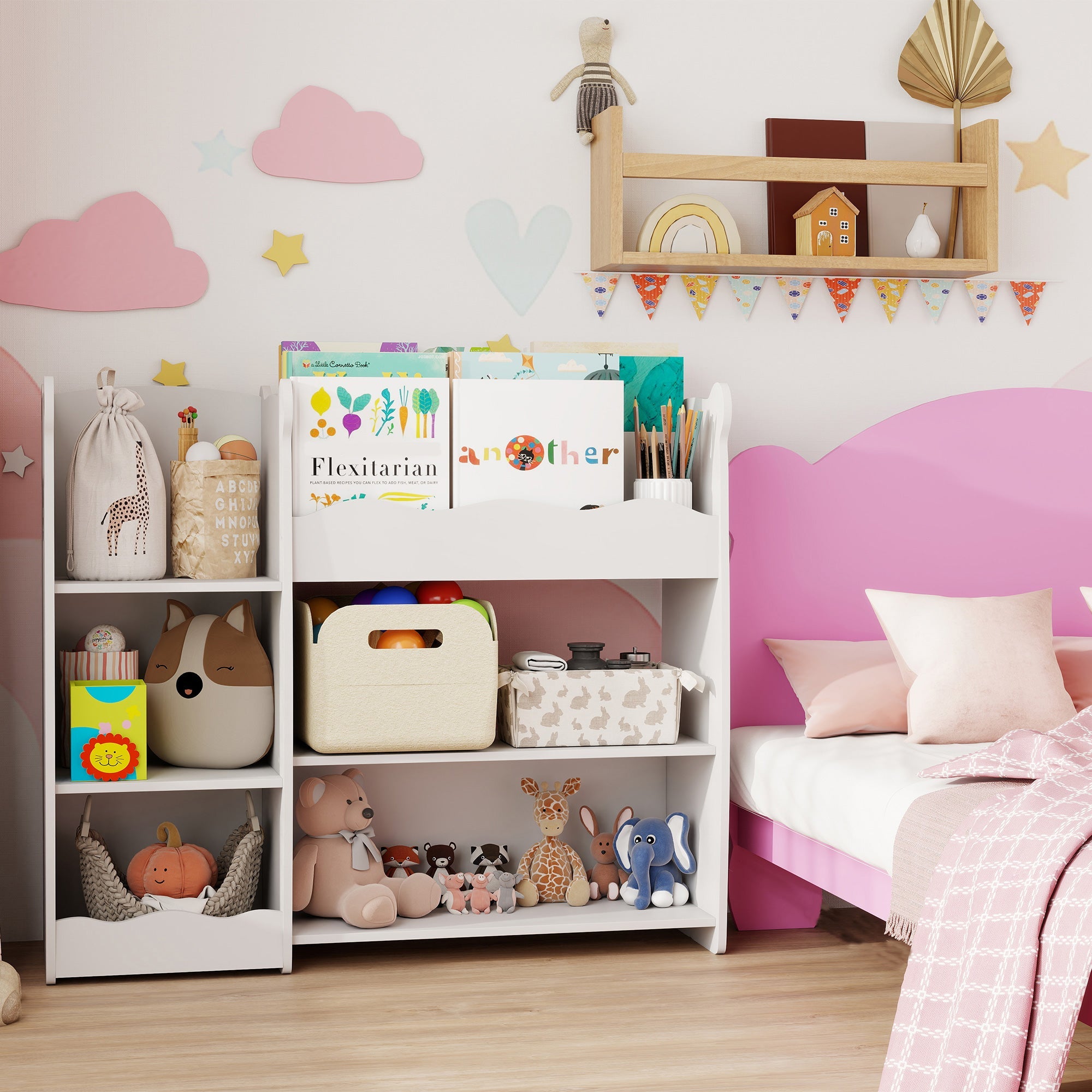 AIYAPLAY Kids Toy Storage Unit, Bear Design Kids Bookshelf and Toy Organiser, for Bedroom, Nursery, Playroom, White