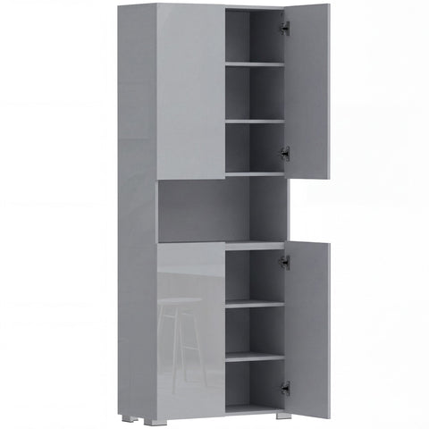 HOMCOM 180 cm Tall Kitchen Cupboard, Pantry Storage Cabinet with Soft Close Doors and Adjustable Shelves, High Gloss Grey