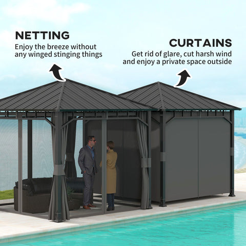 Outsunny 3 x 3(m) Hardtop Gazebo with Galvanised Steel Roof and Water Gutter, Waterproof Permanent Pavilion Garden Gazebo with Netting and Curtains for Patio, Deck