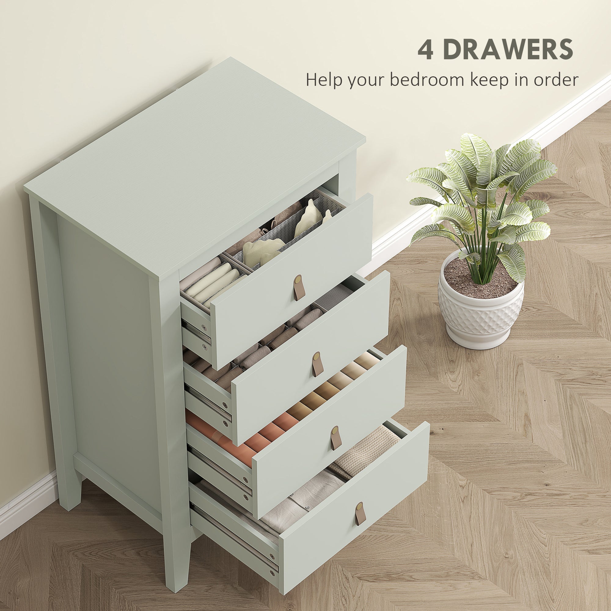 HOMCOM Bedroom Chest of Drawers, Modern 4 Drawer Dresser Cabinet with PU Leather Handles and Metal Runners for Living Room, Hallway, Entryway, Green