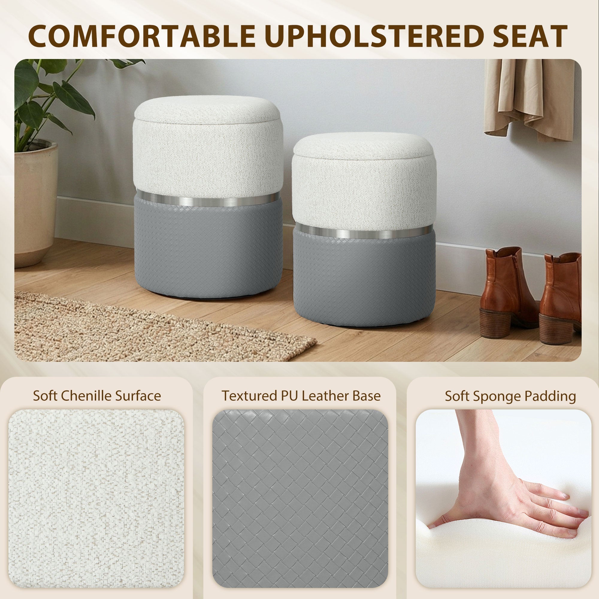 HOMCOM Nesting Round Ottoman with Storage Set of 2 - Cream/Grey