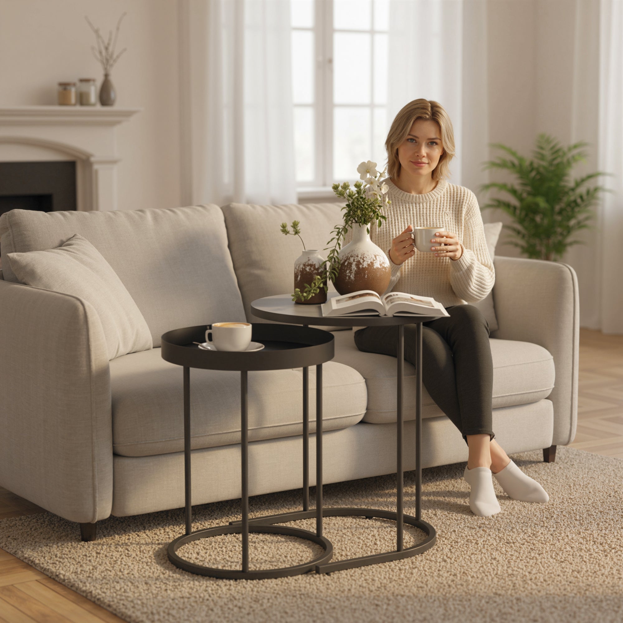 HOMCOM Set of Two Industrial Nesting Tables - Grey