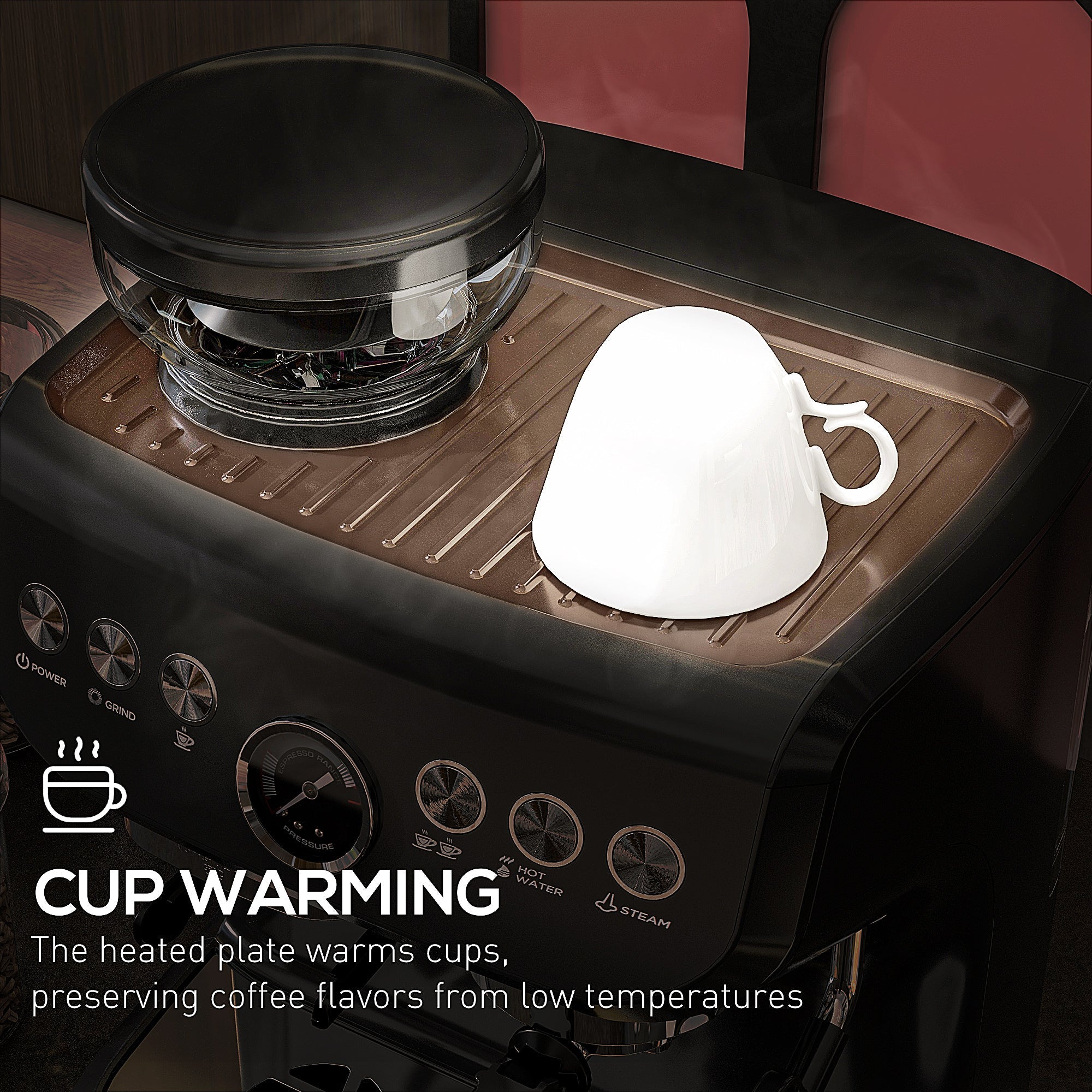 HOMCOM 15 Bar Coffee Machine, with Adjustable Grind, Steamer and Accessories