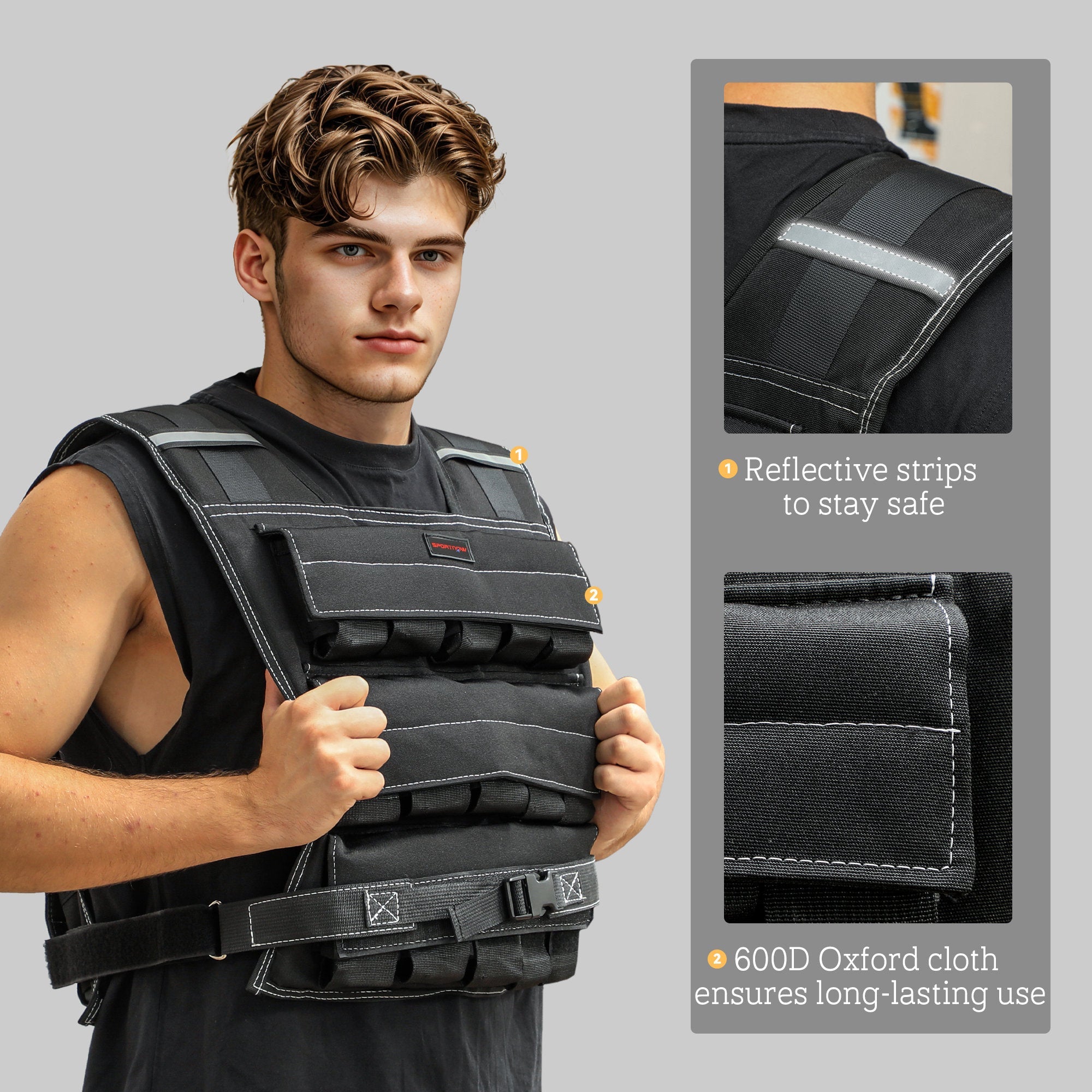 SPORTNOW 15KG Adjustable Weighted Vest, Running Weight Vest, with 30 Metal Weights, Reflective Strips, for Running, Exercise